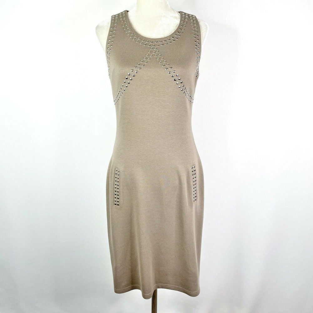 Joseph Ribkoff Sheath Dress Size 6 Taupe Beige Silver Studded Open Back Stretch